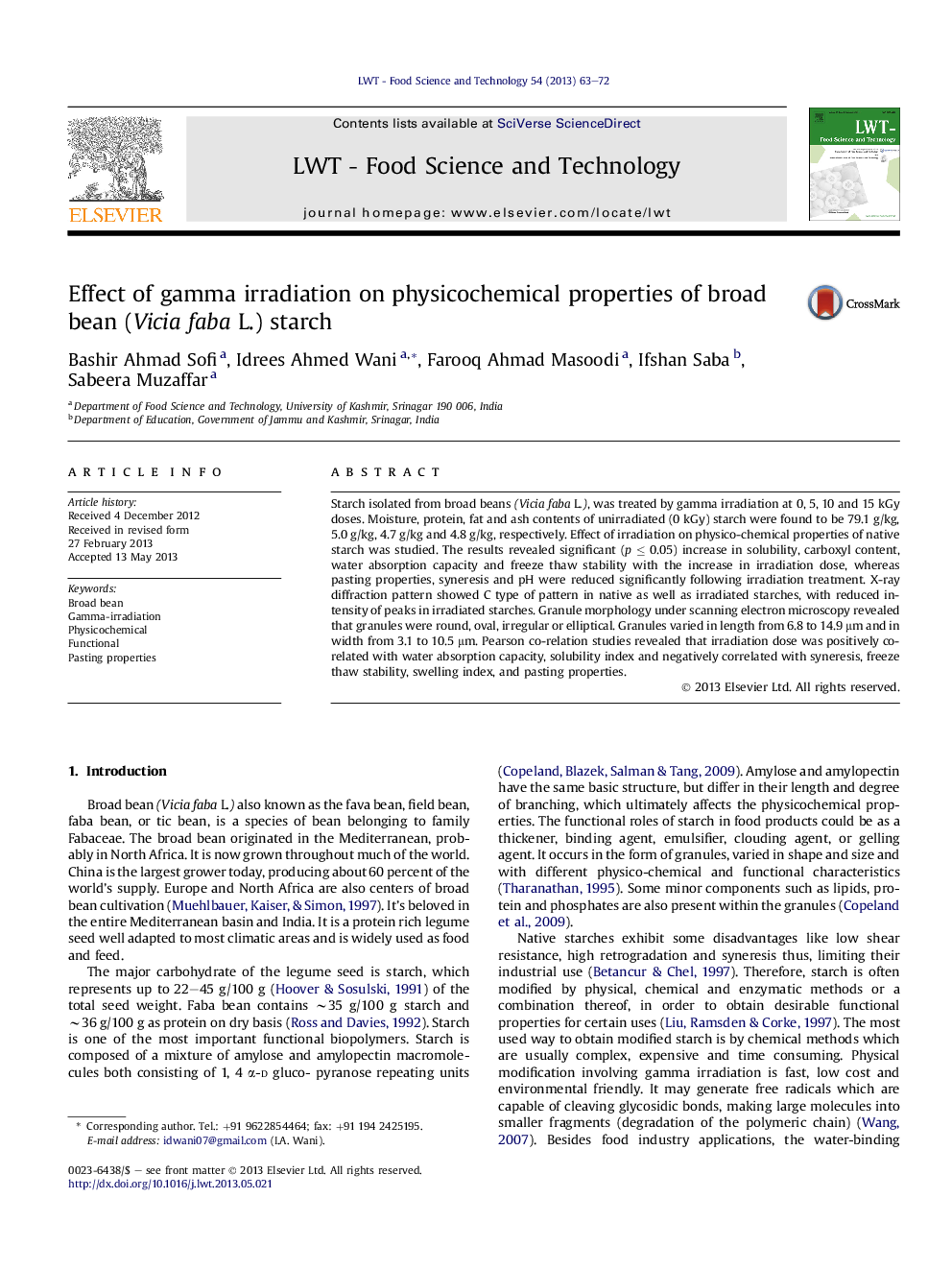 Effect of gamma irradiation on physicochemical properties of broad bean (Vicia faba L.) starch