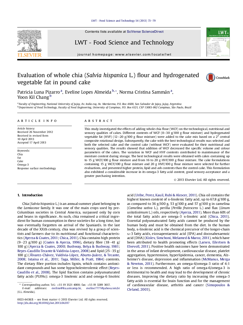 Evaluation of whole chia (Salvia hispanica L.) flour and hydrogenated vegetable fat in pound cake