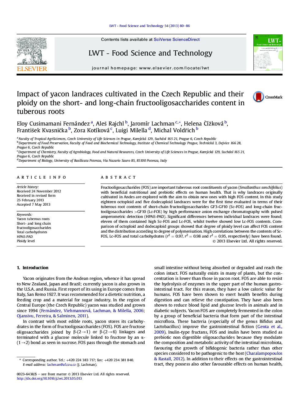 Impact of yacon landraces cultivated in the Czech Republic and their ploidy on the short- and long-chain fructooligosaccharides content in tuberous roots