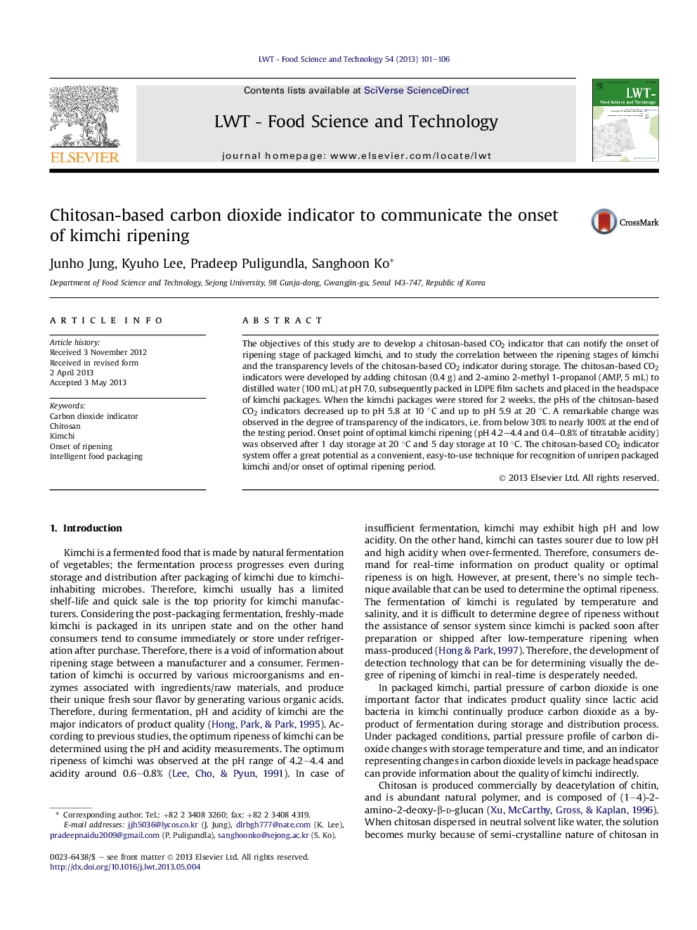 Chitosan-based carbon dioxide indicator to communicate the onset ofÂ kimchiÂ ripening