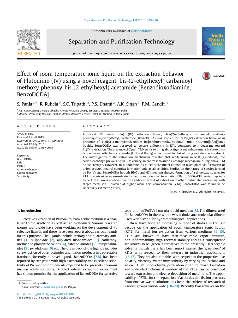 Effect of room temperature ionic liquid on the extraction behavior of Plutonium (IV) using a novel reagent, bis-(2-ethylhexyl) carbamoyl methoxy phenoxy-bis-(2-ethylhexyl) acetamide [Benzodioxodiamide, BenzoDODA]