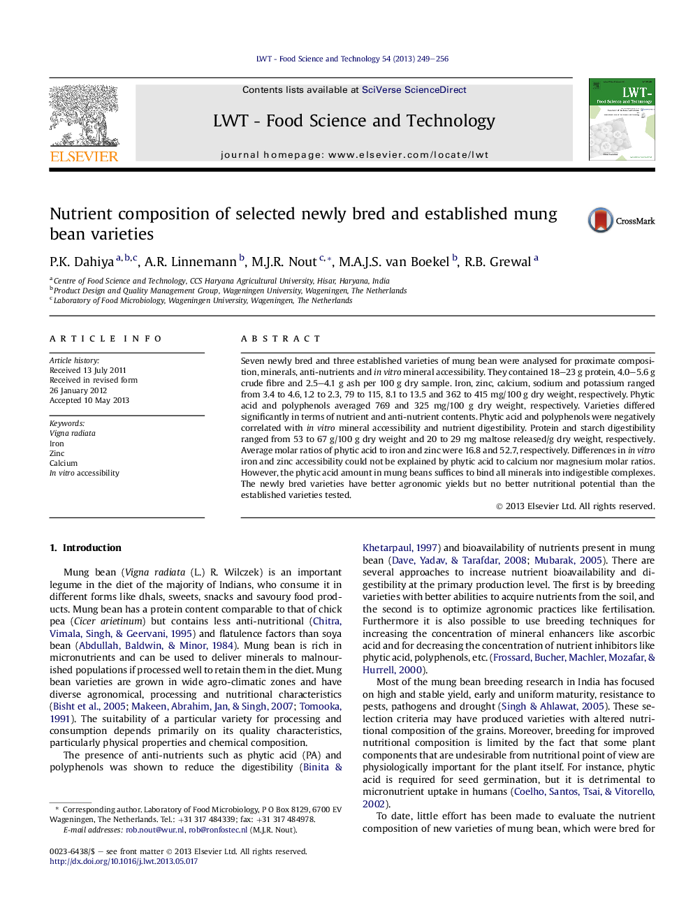 Nutrient composition of selected newly bred and established mung bean varieties