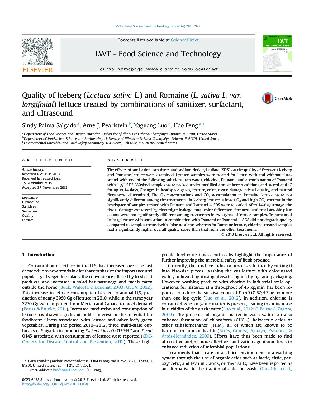 Quality of Iceberg (Lactuca sativa L.) and Romaine (L. sativa L. var. longifolial) lettuce treated by combinations of sanitizer, surfactant, and ultrasound