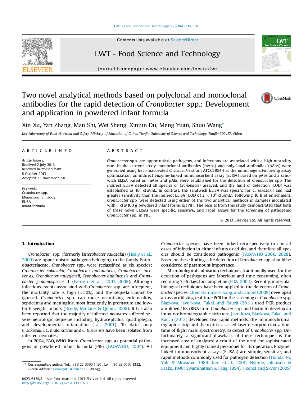 Two novel analytical methods based on polyclonal and monoclonal antibodies for the rapid detection of Cronobacter spp.: Development and application in powdered infant formula