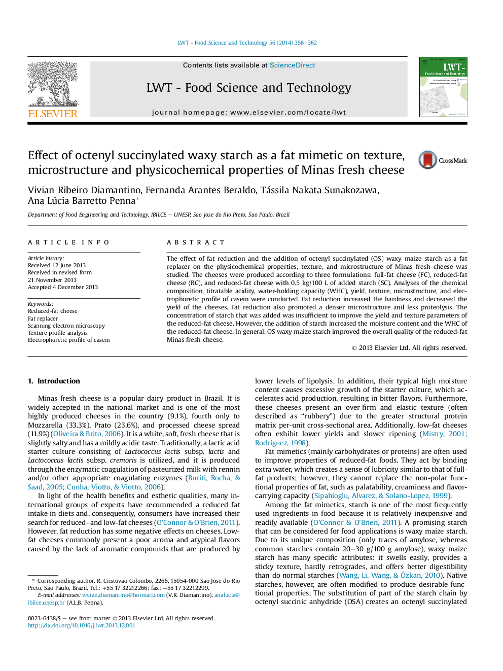 Effect of octenyl succinylated waxy starch as a fat mimetic on texture, microstructure and physicochemical properties of Minas fresh cheese