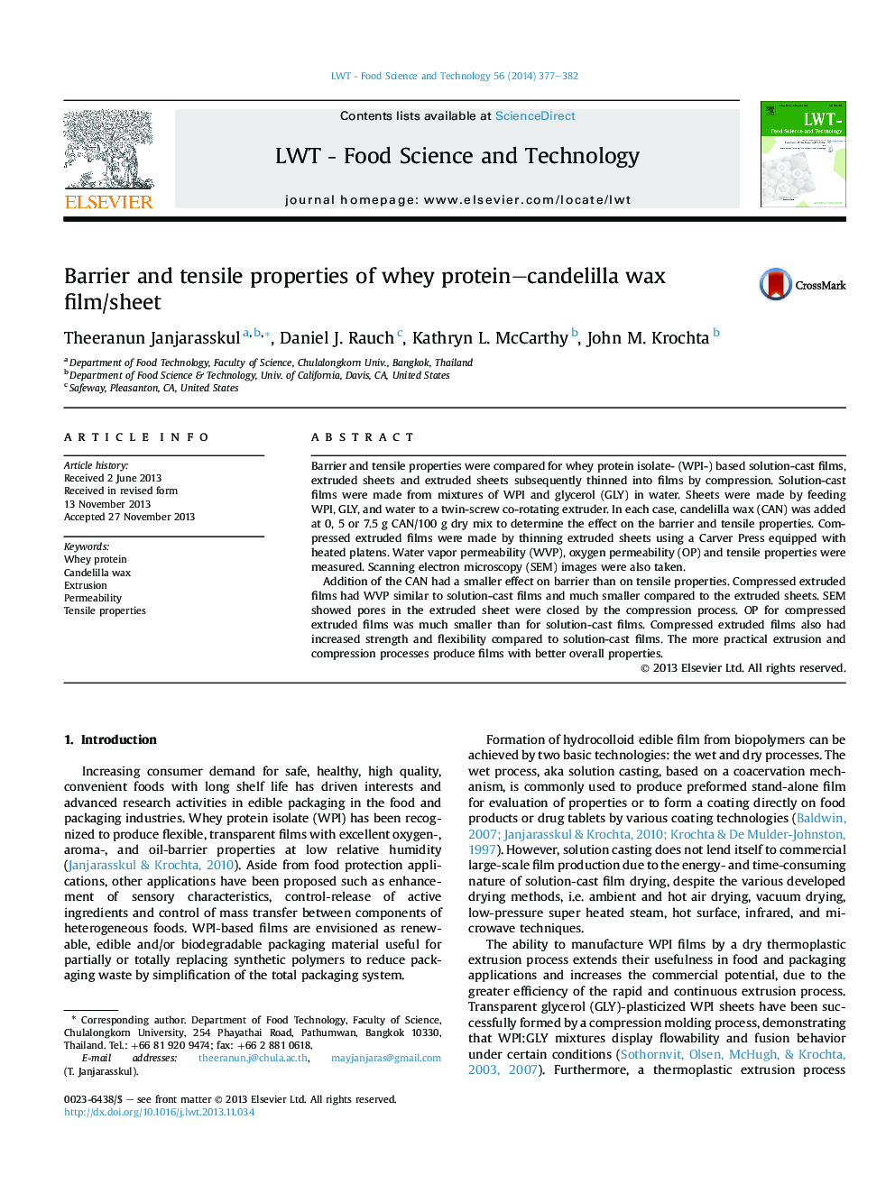 Barrier and tensile properties of whey protein-candelilla wax film/sheet