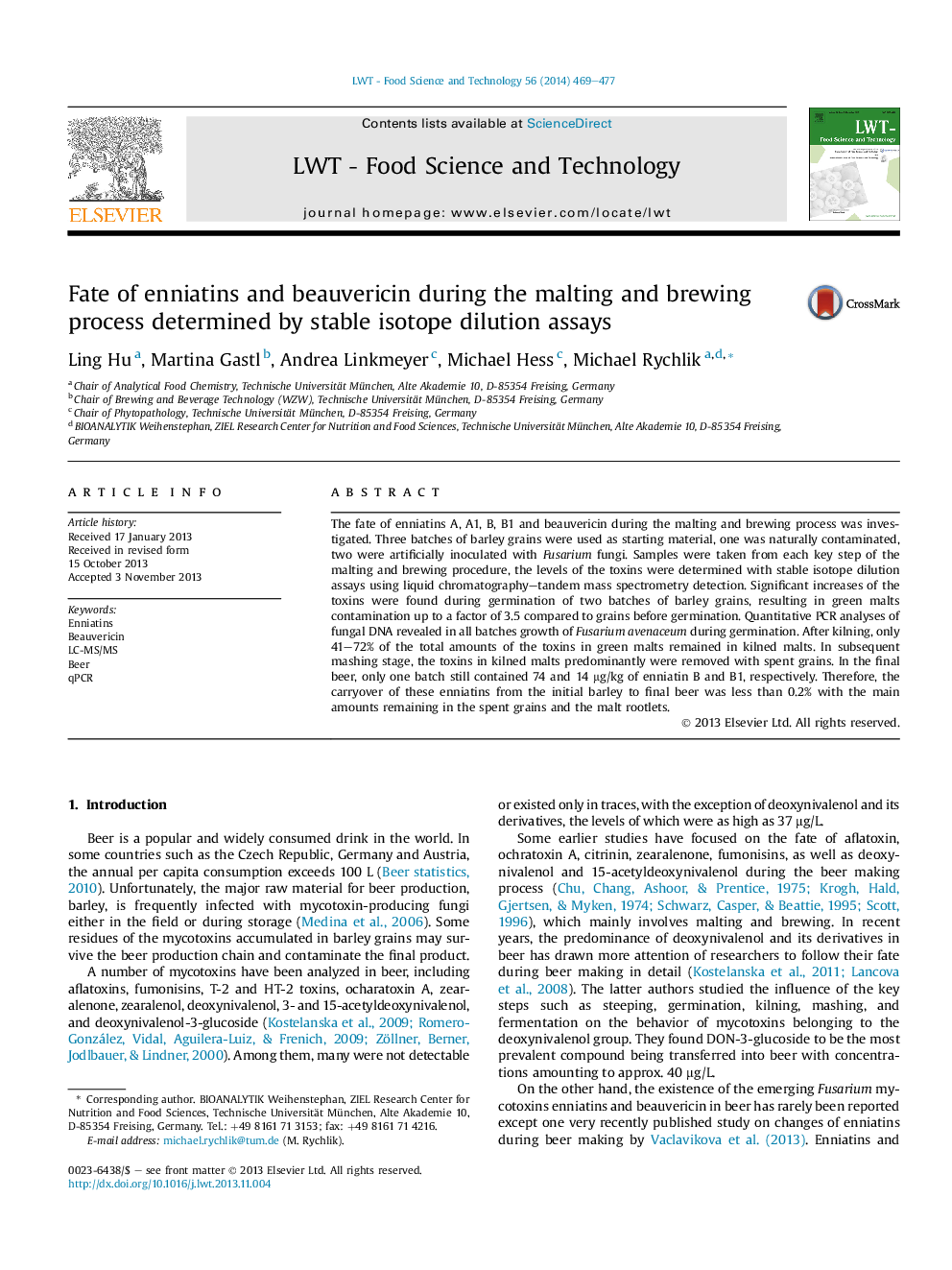 Fate of enniatins and beauvericin during the malting and brewing process determined by stable isotope dilution assays