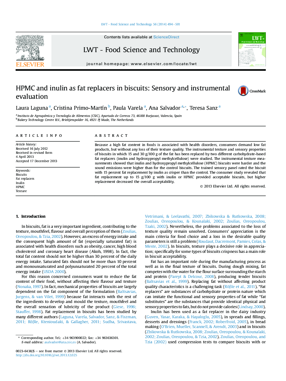 HPMC and inulin as fat replacers in biscuits: Sensory and instrumental evaluation