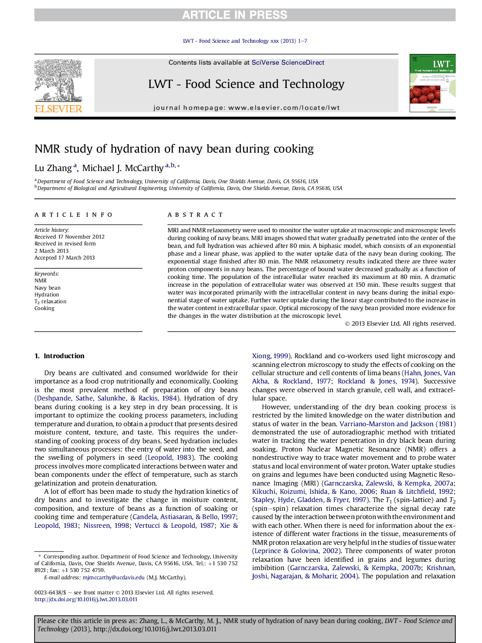 NMR study of hydration of navy bean during cooking