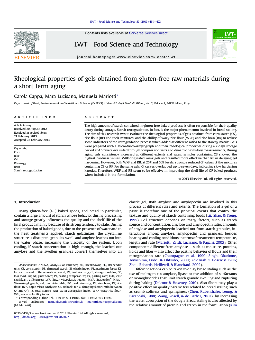 Rheological properties of gels obtained from gluten-free raw materials during aÂ short term aging