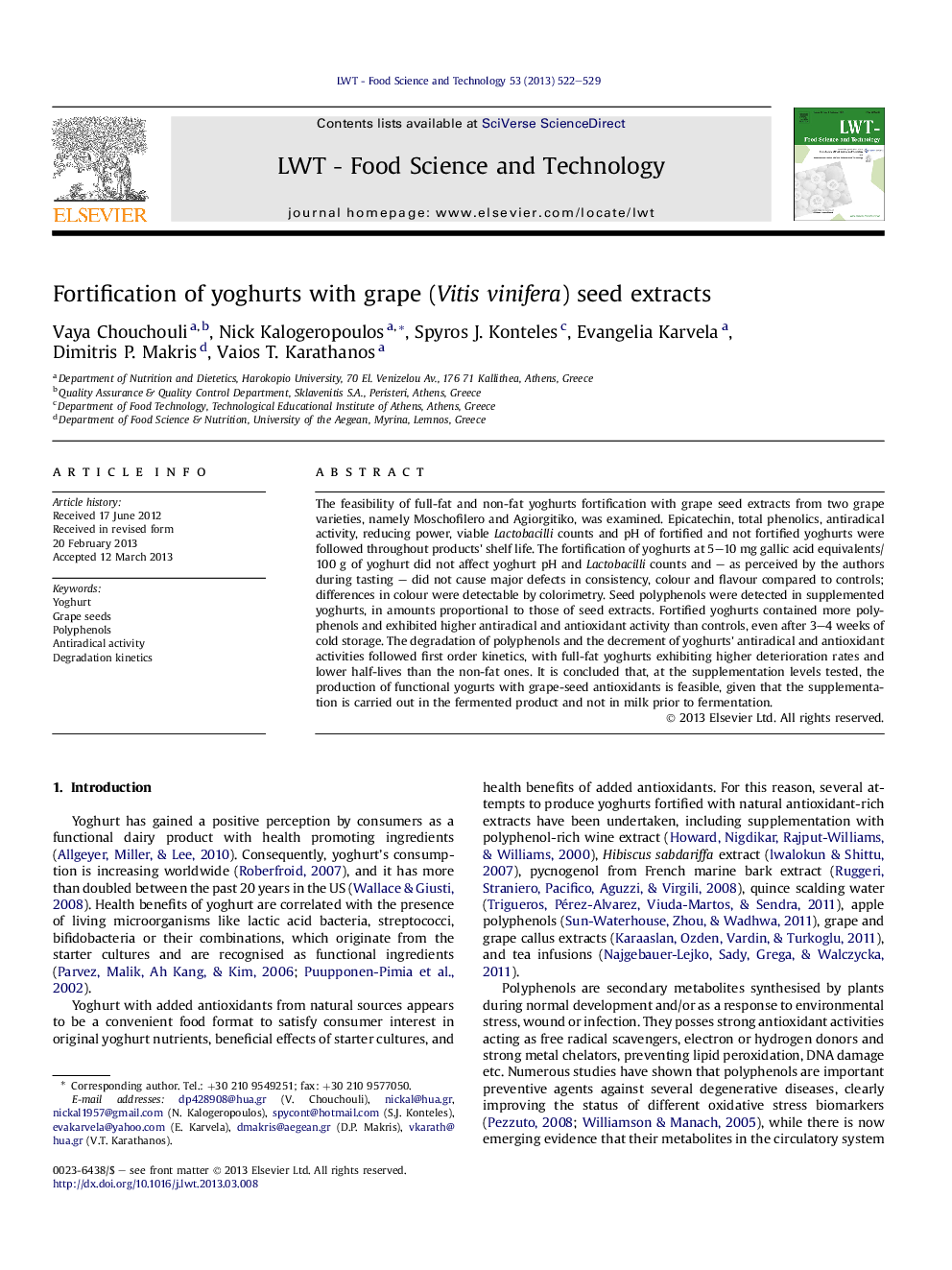 Fortification of yoghurts with grape (Vitis vinifera) seed extracts