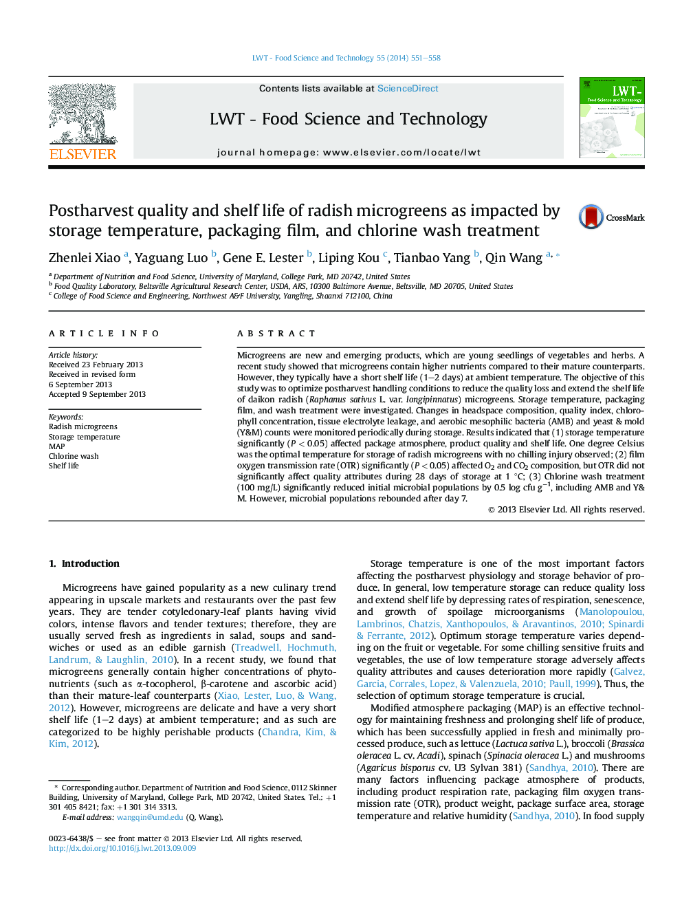 Postharvest quality and shelf life of radish microgreens as impacted by storage temperature, packaging film, and chlorine wash treatment