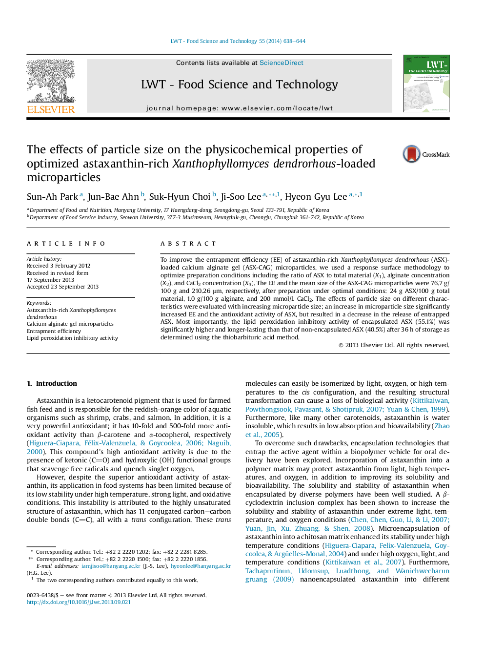 The effects of particle size on the physicochemical properties of optimized astaxanthin-rich Xanthophyllomyces dendrorhous-loaded microparticles