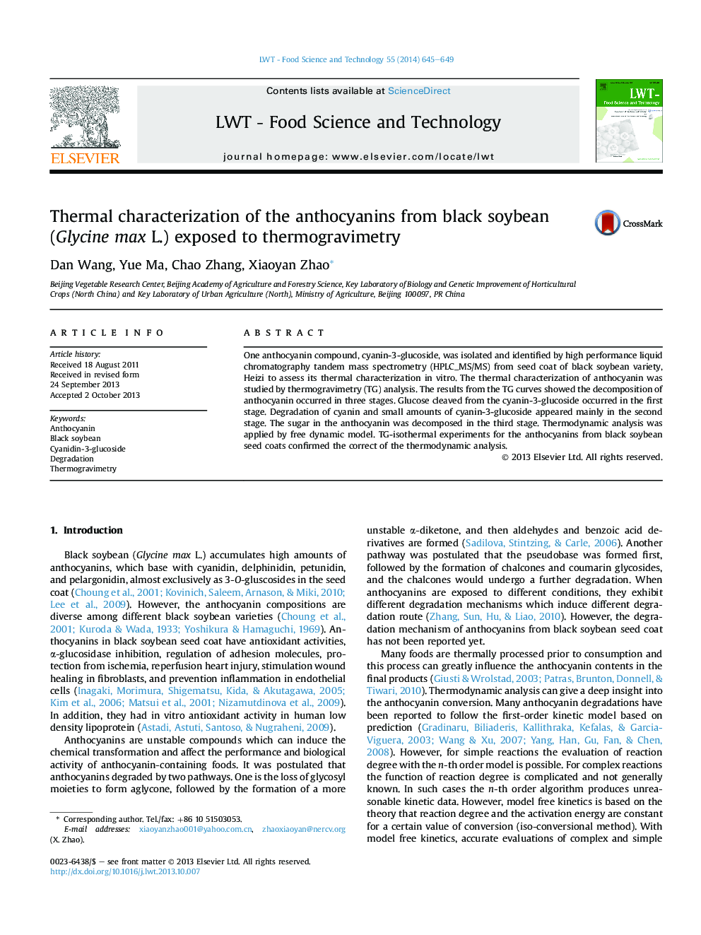 Thermal characterization of the anthocyanins from black soybean (Glycine max L.) exposed to thermogravimetry