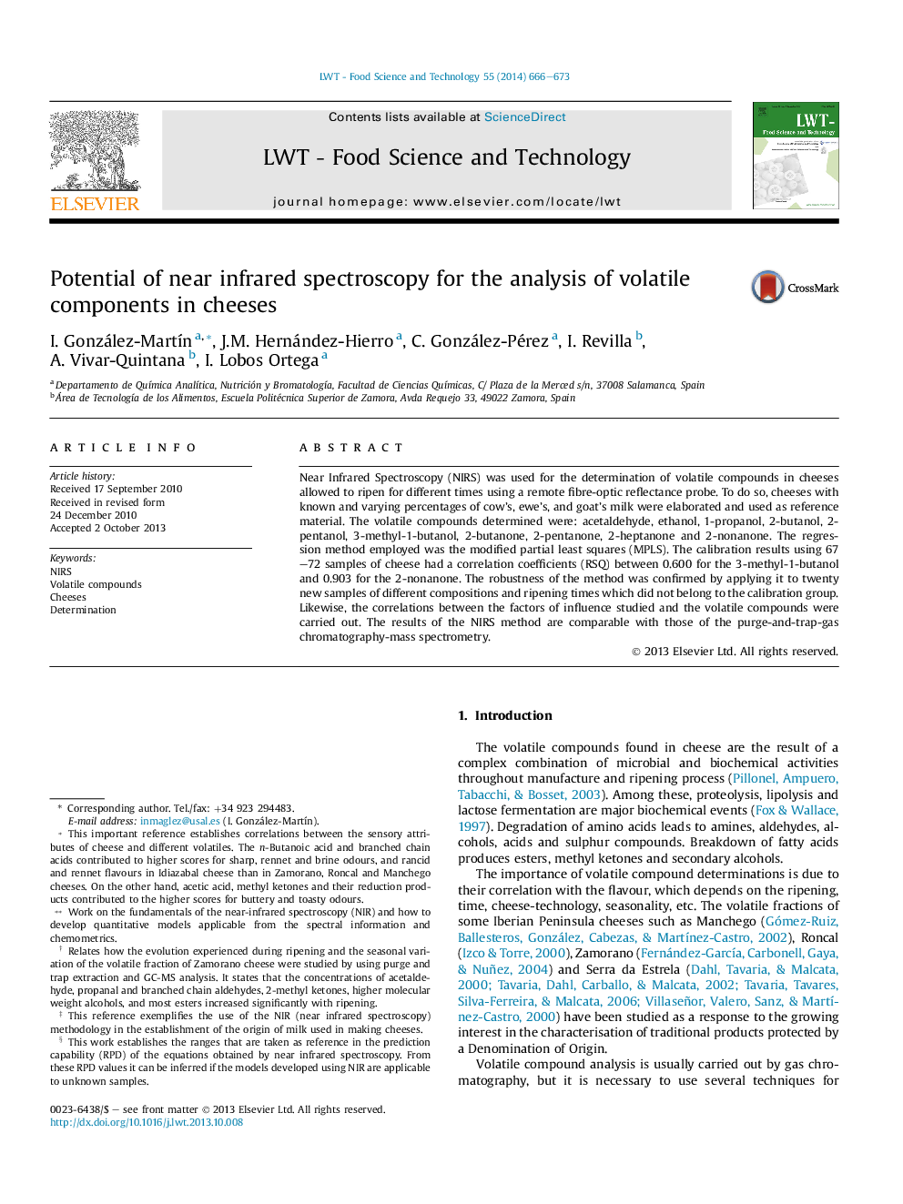 Potential of near infrared spectroscopy for the analysis of volatile components in cheeses