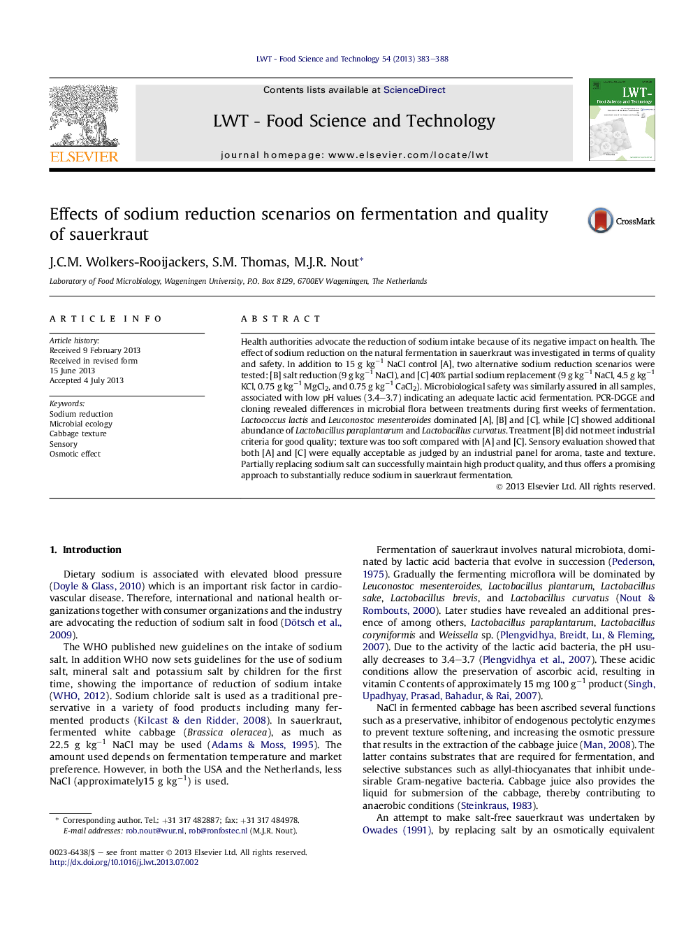 Effects of sodium reduction scenarios on fermentation and quality ofÂ sauerkraut