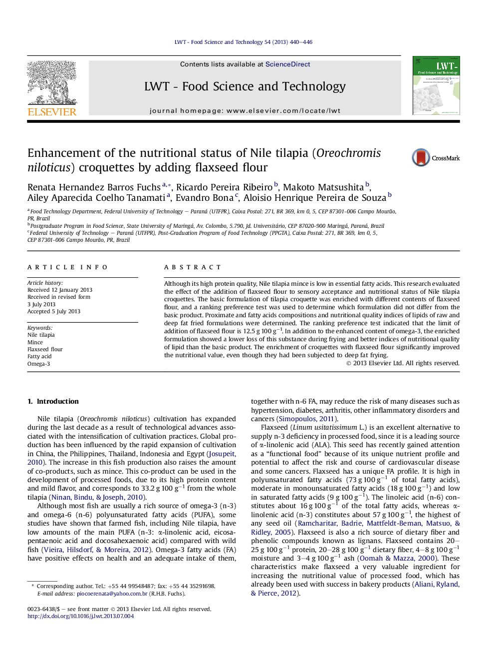 Enhancement of the nutritional status of Nile tilapia (Oreochromis niloticus) croquettes by adding flaxseed flour