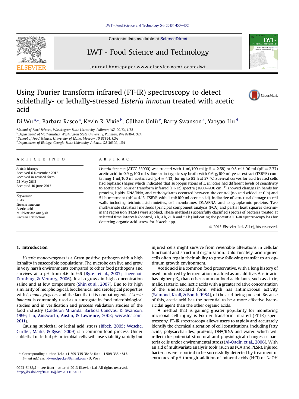 Using Fourier transform infrared (FT-IR) spectroscopy to detect sublethally- or lethally-stressed Listeria innocua treated with acetic acid