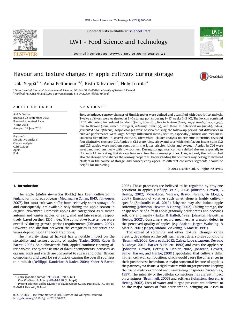 Flavour and texture changes in apple cultivars during storage