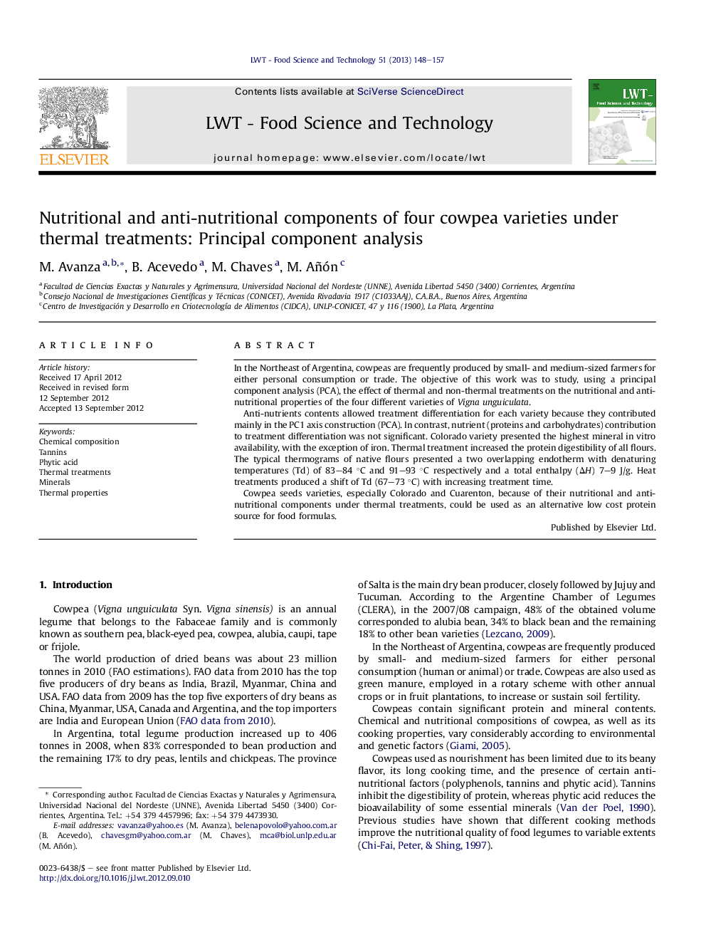 Nutritional and anti-nutritional components of four cowpea varieties under thermal treatments: Principal component analysis