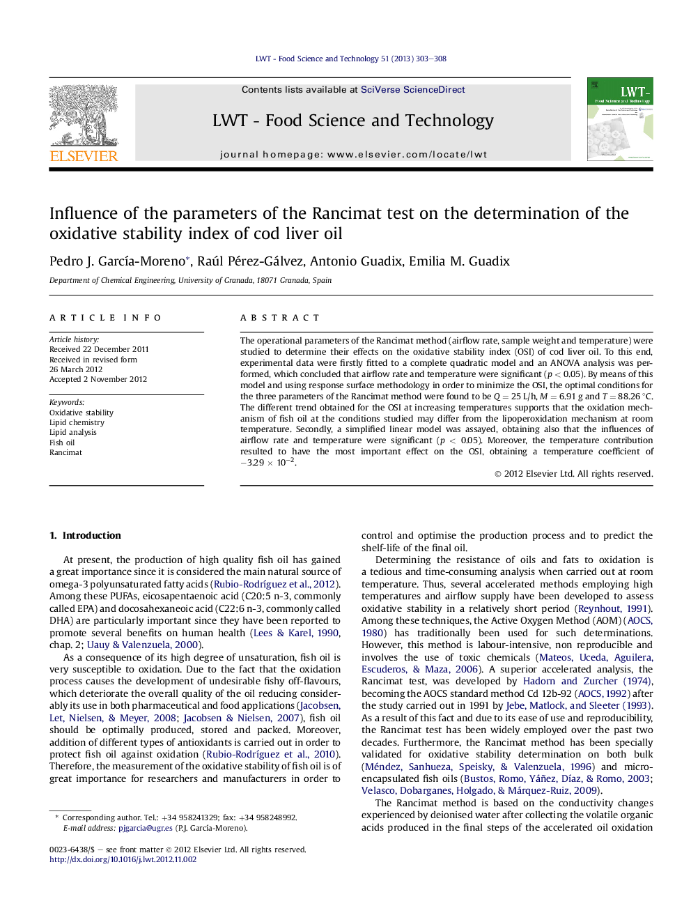 عکس صفحه اول مقاله: Influence of the parameters of the Rancimat test on the determination of the oxidative stability index of cod liver oil Influence of the parameters of the Rancimat test on the determination of the oxidative stability index of cod liver oil