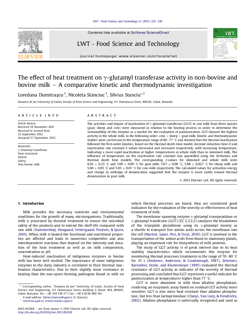 The effect of heat treatment on Î³-glutamyl transferase activity in non-bovine and bovine milk - A comparative kinetic and thermodynamic investigation