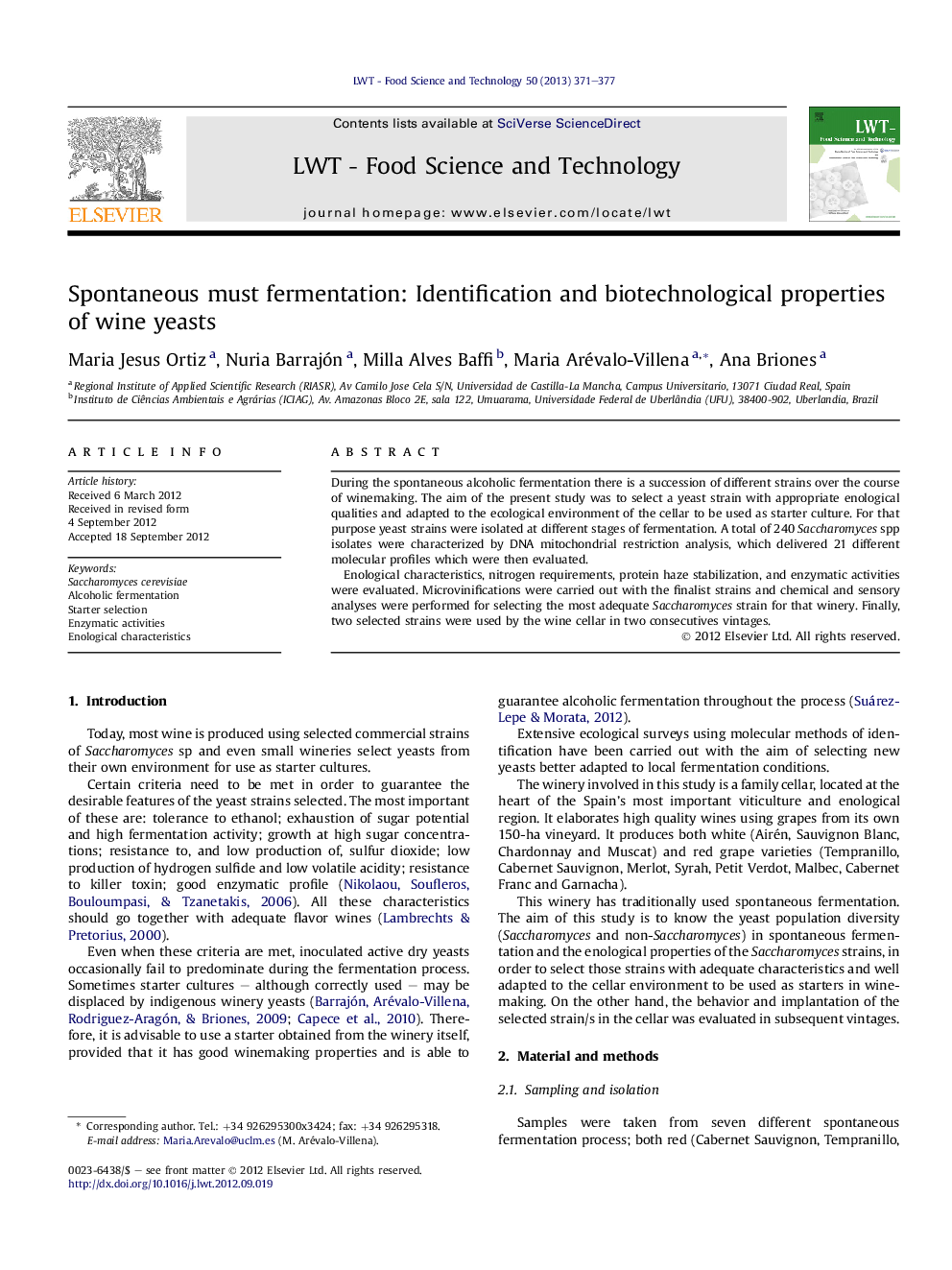 Spontaneous must fermentation: Identification and biotechnological properties of wine yeasts