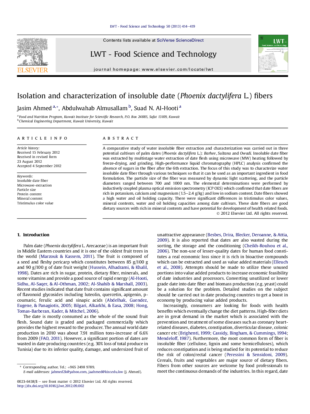 Isolation and characterization of insoluble date (Phoenix dactylifera L.) fibers