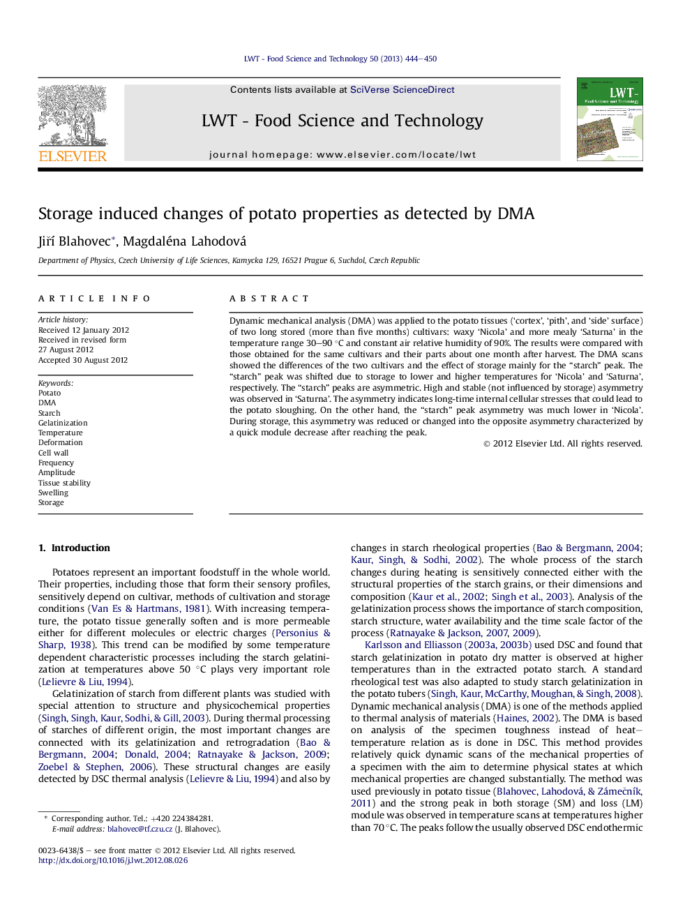 Storage induced changes of potato properties as detected by DMA