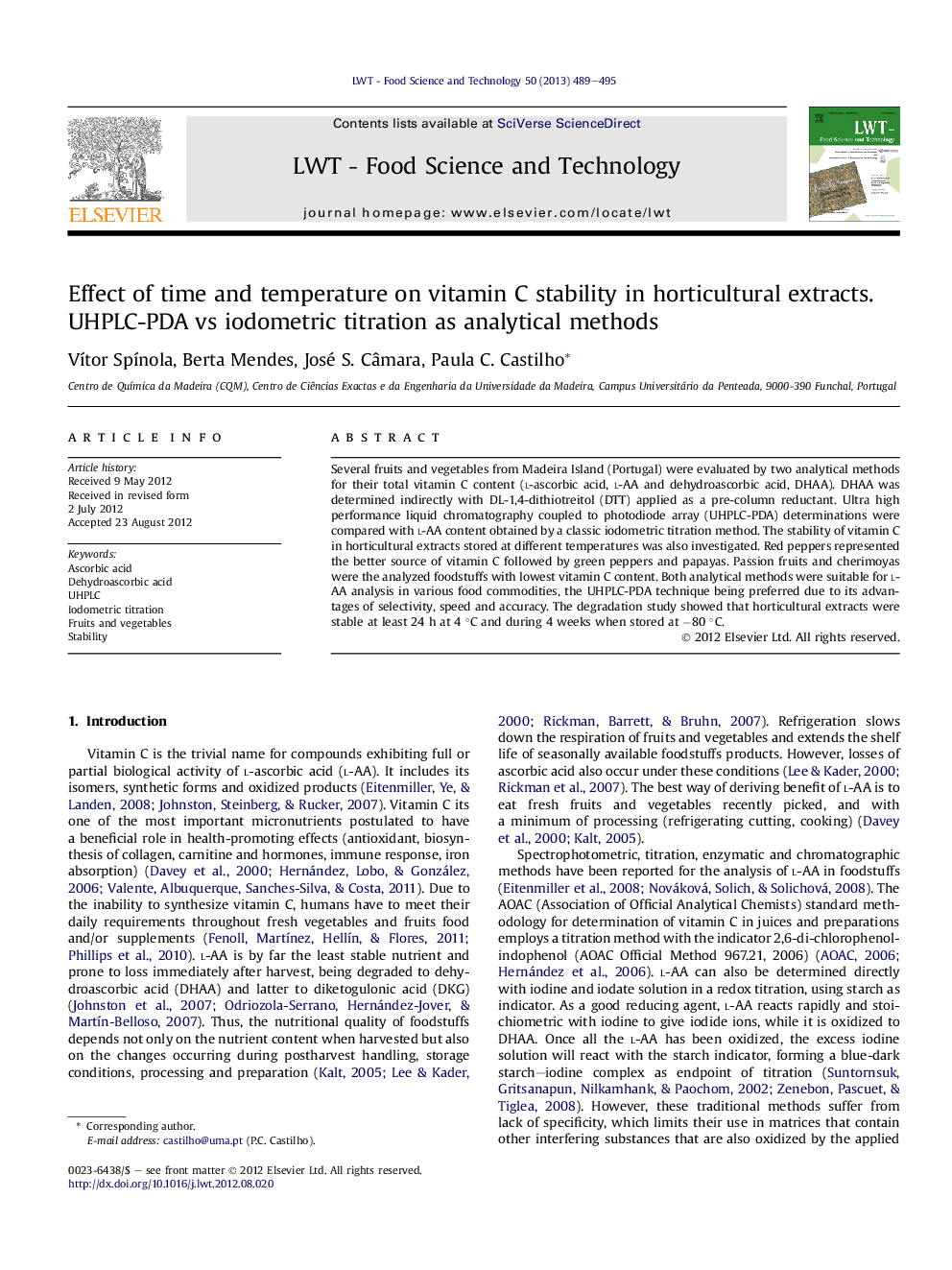 Effect of time and temperature on vitamin C stability in horticultural extracts. UHPLC-PDA vs iodometric titration as analytical methods