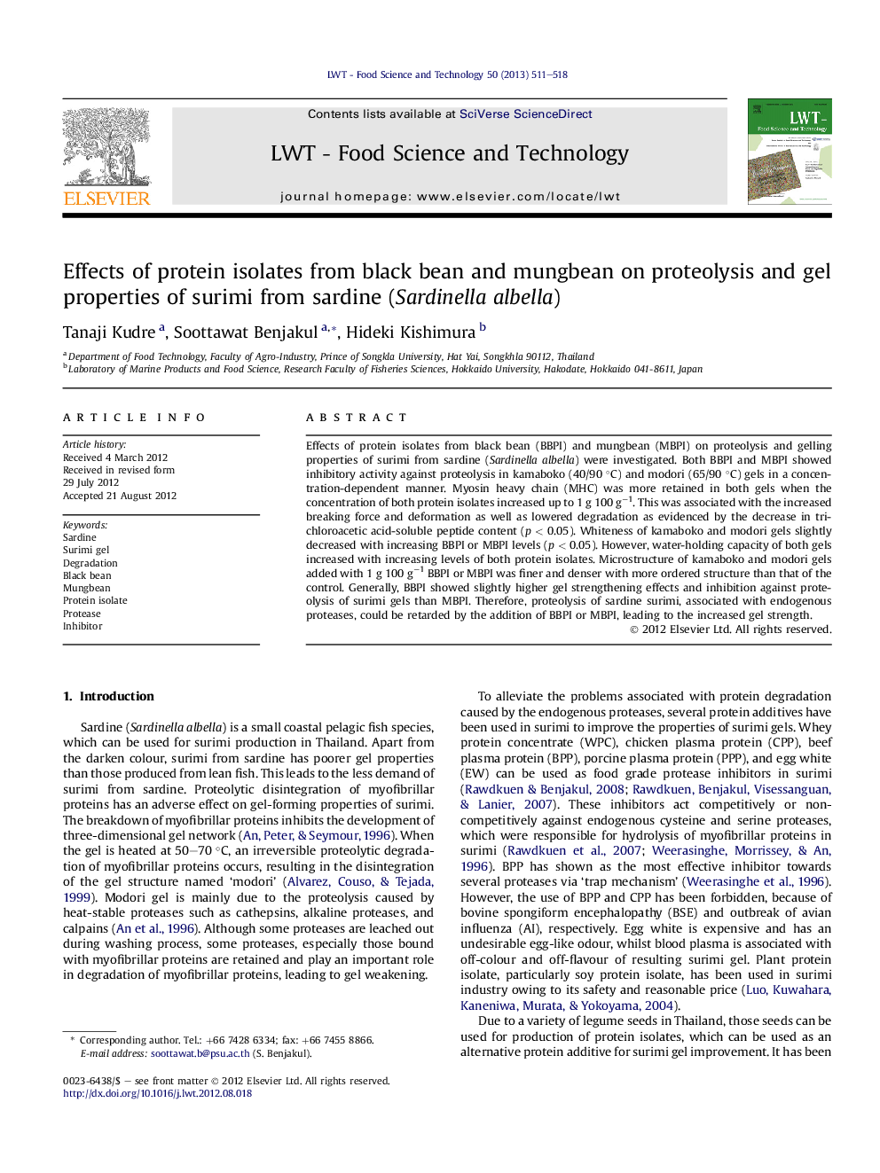 Effects of protein isolates from black bean and mungbean on proteolysis and gel properties of surimi from sardine (Sardinella albella)