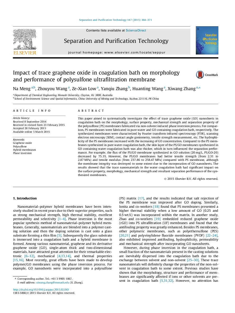 Impact of trace graphene oxide in coagulation bath on morphology and performance of polysulfone ultrafiltration membrane