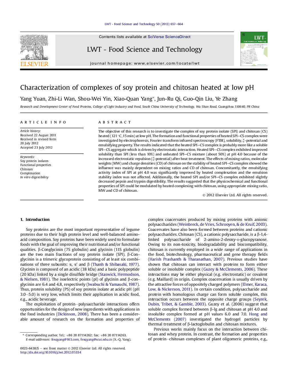 Characterization of complexes of soy protein and chitosan heated at low pH