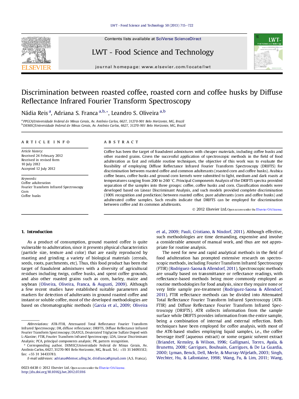 Discrimination between roasted coffee, roasted corn and coffee husks by Diffuse Reflectance Infrared Fourier Transform Spectroscopy