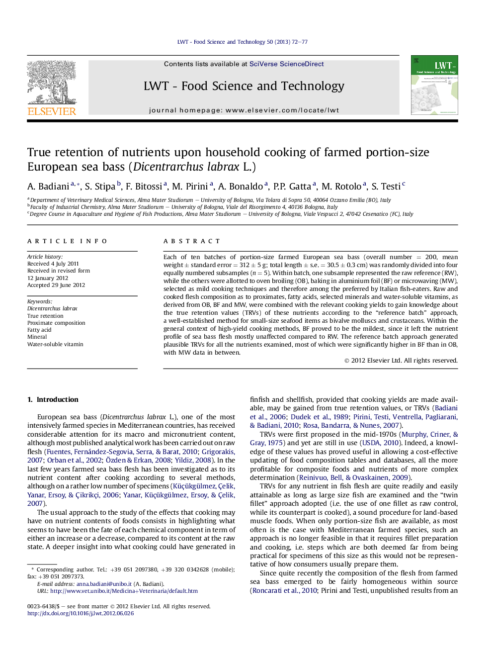 True retention of nutrients upon household cooking of farmed portion-size European sea bass (Dicentrarchus labrax L.)