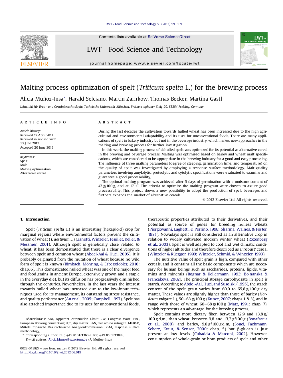 Malting process optimization of spelt (Triticum spelta L.) for the brewing process