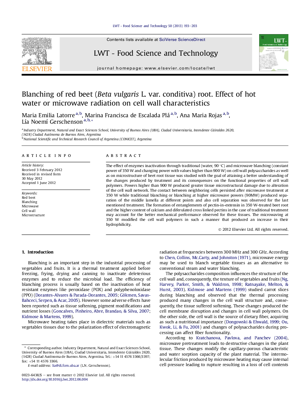 Blanching of red beet (Beta vulgaris L. var. conditiva) root. Effect of hot water or microwave radiation on cell wall characteristics