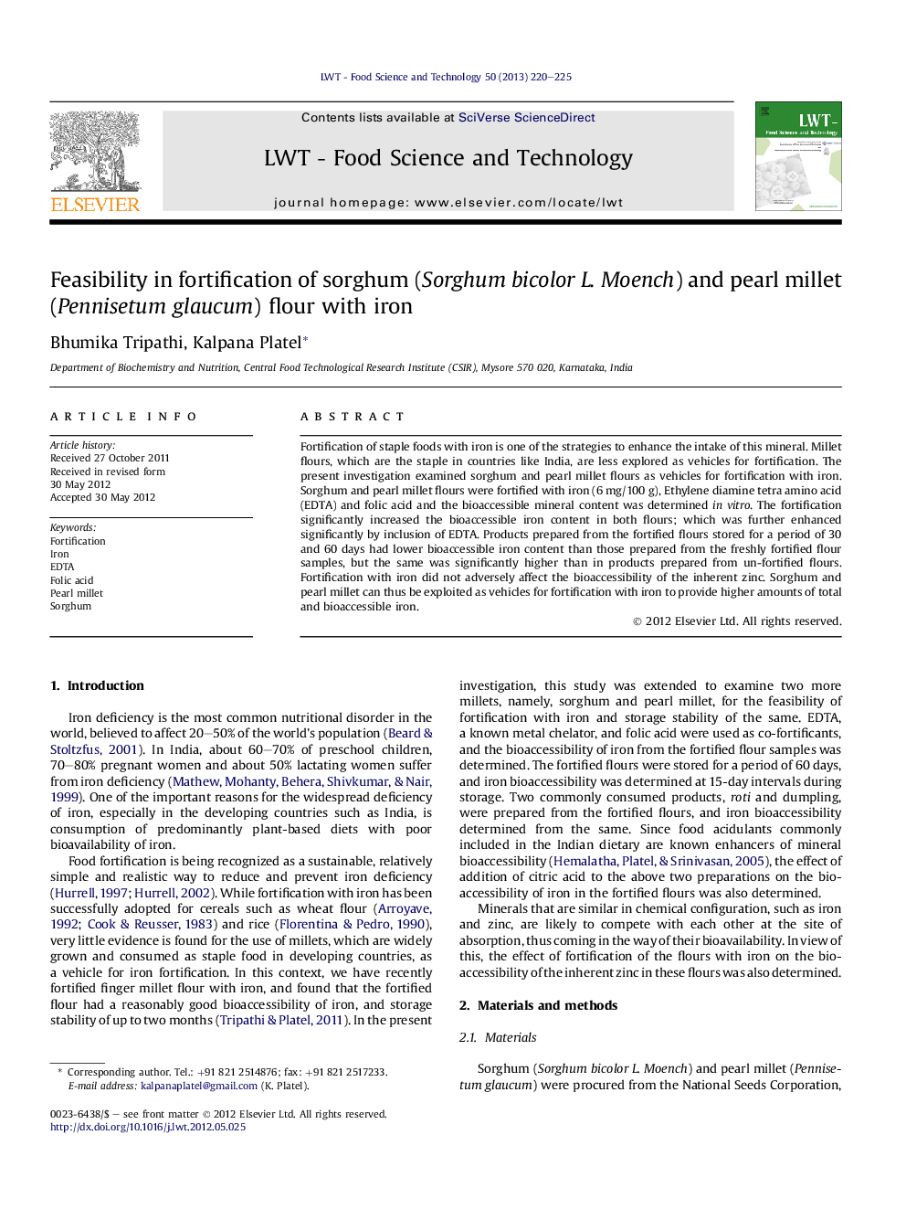 Feasibility in fortification of sorghum (Sorghum bicolor L. Moench) and pearl millet (Pennisetum glaucum) flour with iron