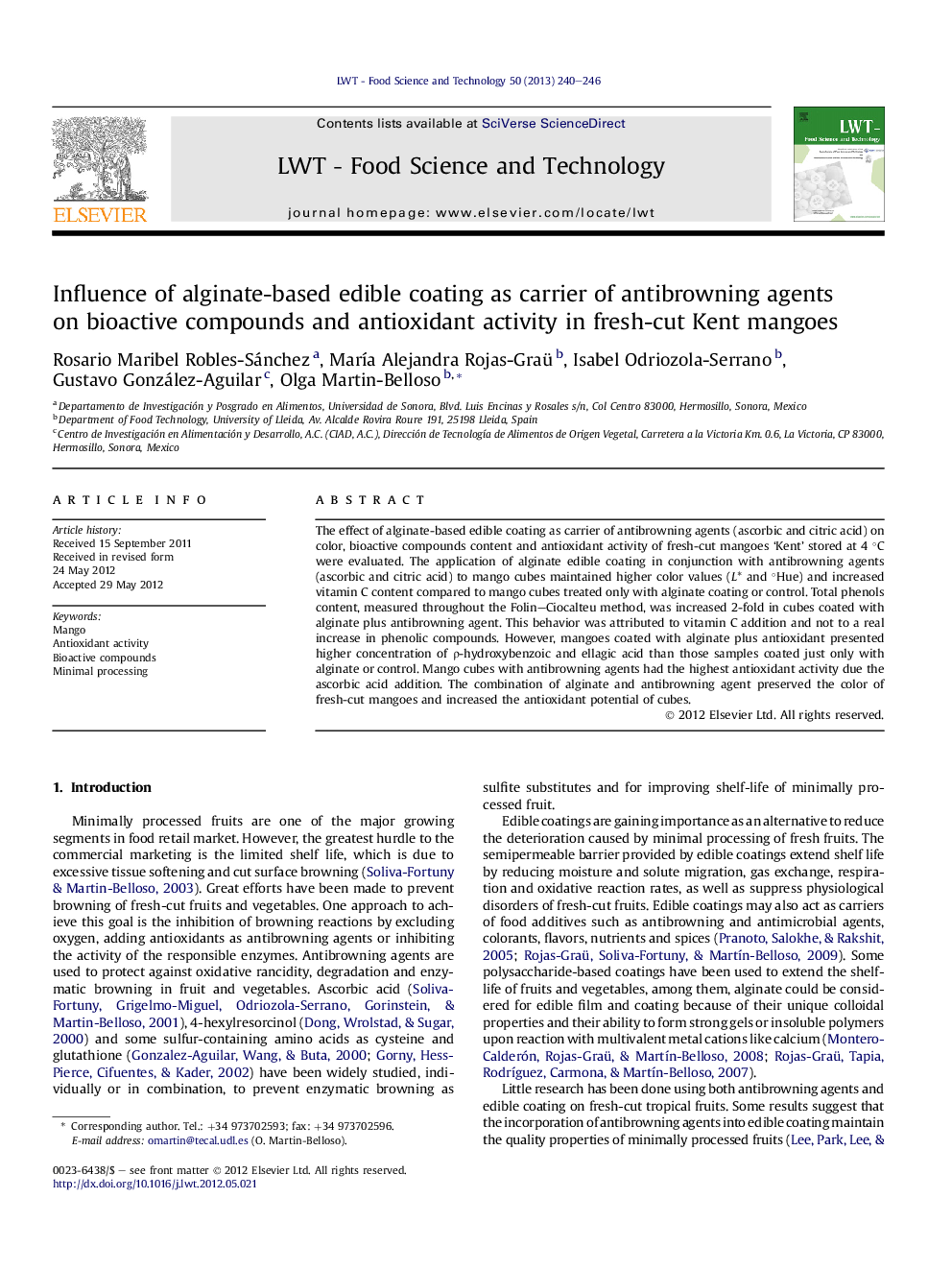 Influence of alginate-based edible coating as carrier of antibrowning agents onÂ bioactive compounds and antioxidant activity in fresh-cut Kent mangoes