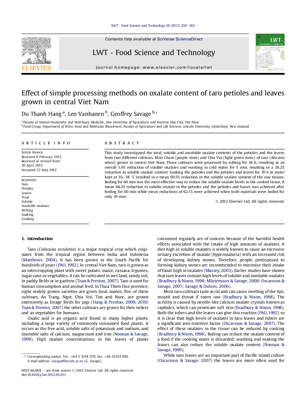 Effect of simple processing methods on oxalate content of taro petioles and leaves grown in central Viet Nam