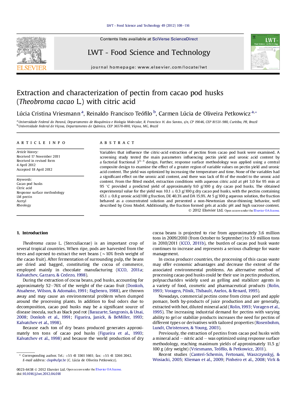 Extraction and characterization of pectin from cacao pod husks (Theobroma cacao L.) with citric acid