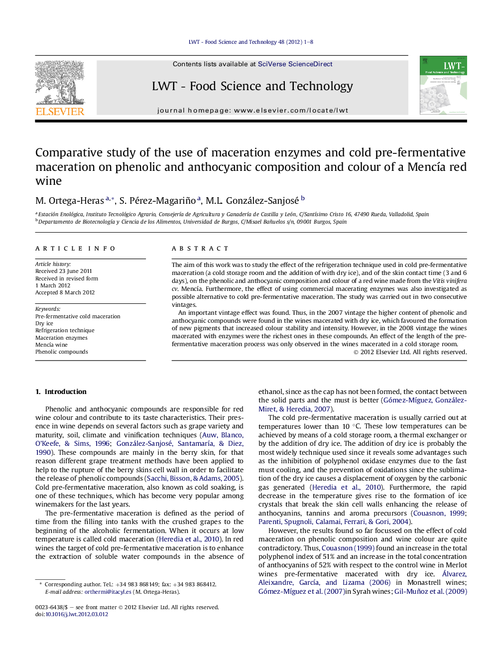 Comparative study of the use of maceration enzymes and cold pre-fermentative maceration on phenolic and anthocyanic composition and colour of a MencÃ­a red wine