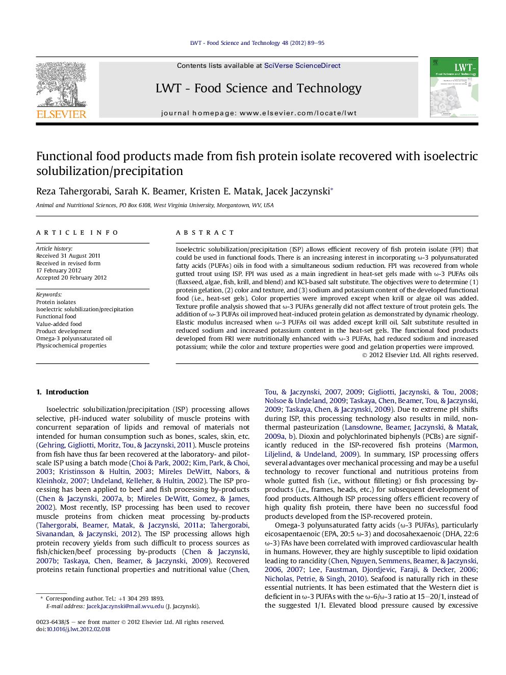عکس صفحه اول مقاله: Functional food products made from fish protein isolate recovered with isoelectric solubilization/precipitation Functional food products made from fish protein isolate recovered with isoelectric solubilization/precipitation