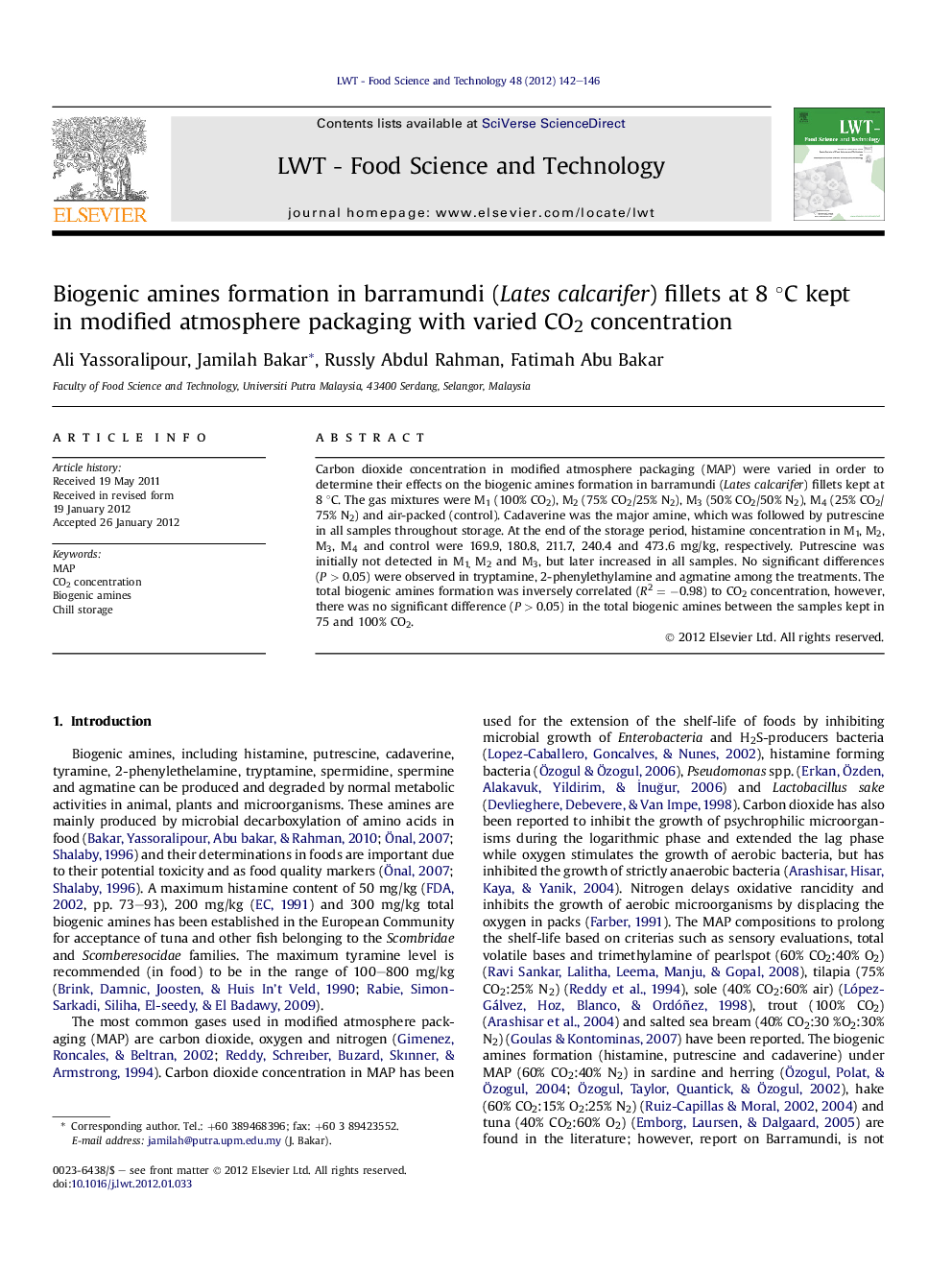 Biogenic amines formation in barramundi (Lates calcarifer) fillets at 8Â Â°C kept in modified atmosphere packaging with varied CO2 concentration