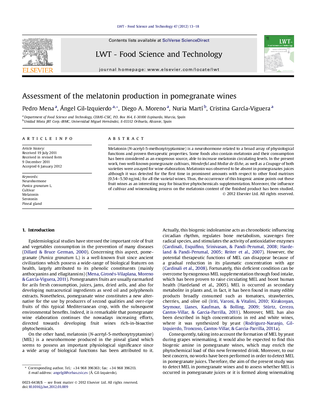 Assessment of the melatonin production in pomegranate wines