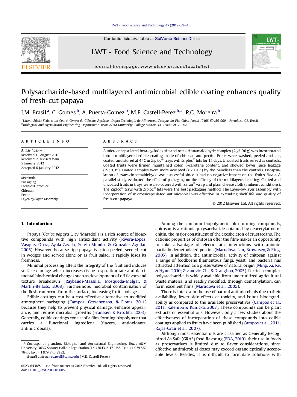 Polysaccharide-based multilayered antimicrobial edible coating enhances quality of fresh-cut papaya