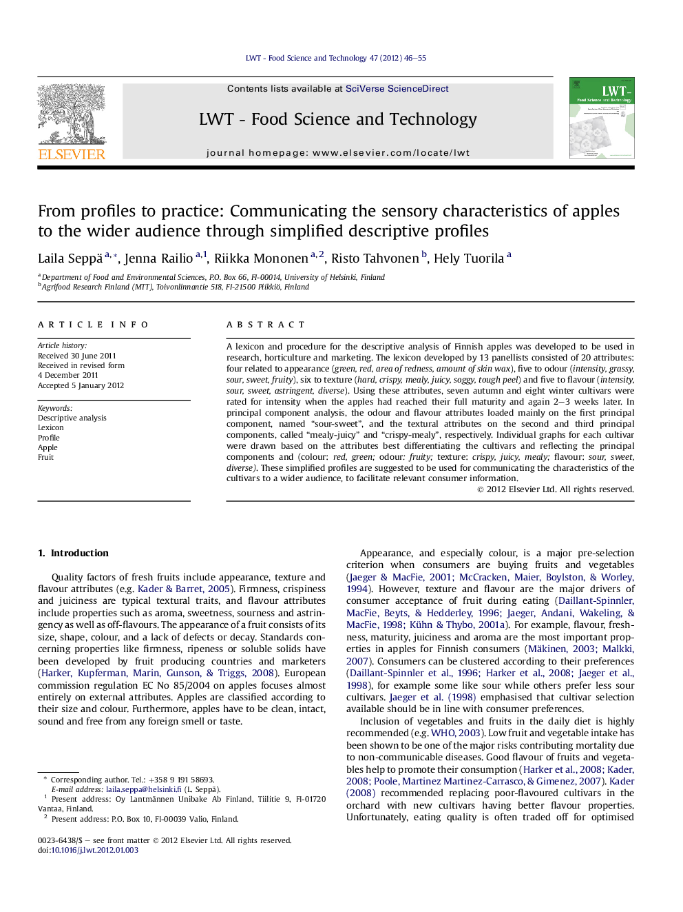 From profiles to practice: Communicating the sensory characteristics of apples to the wider audience through simplified descriptive profiles