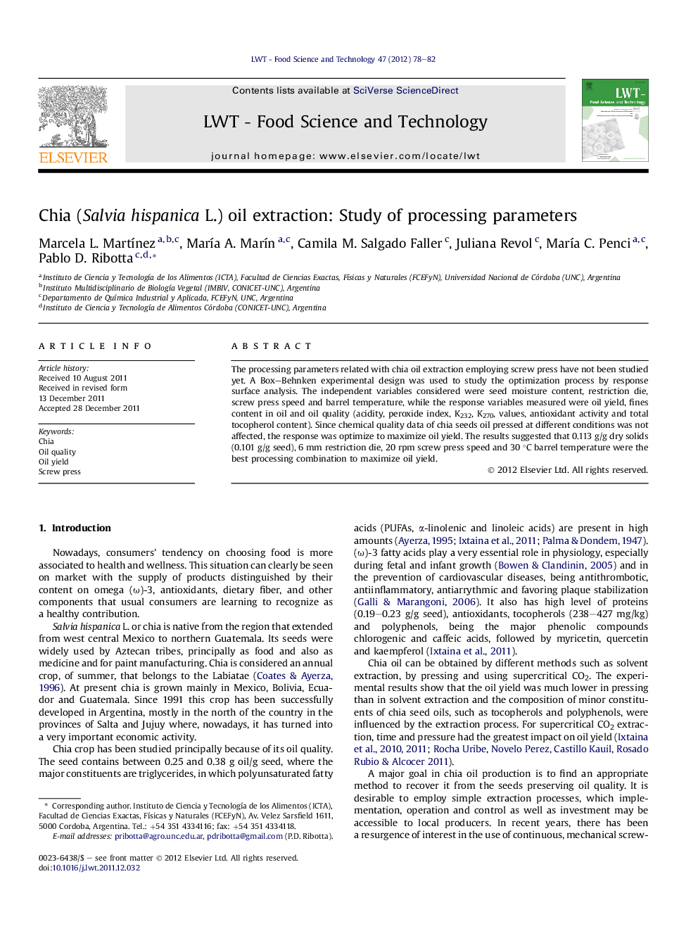 Chia (Salvia hispanica L.) oil extraction: Study of processing parameters