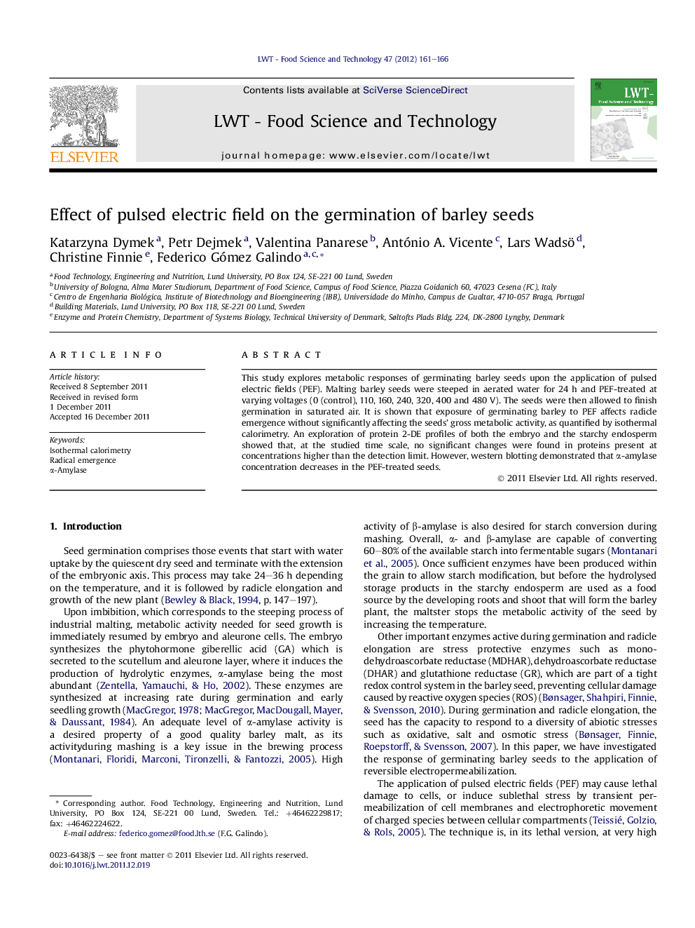 Effect of pulsed electric field on the germination of barley seeds