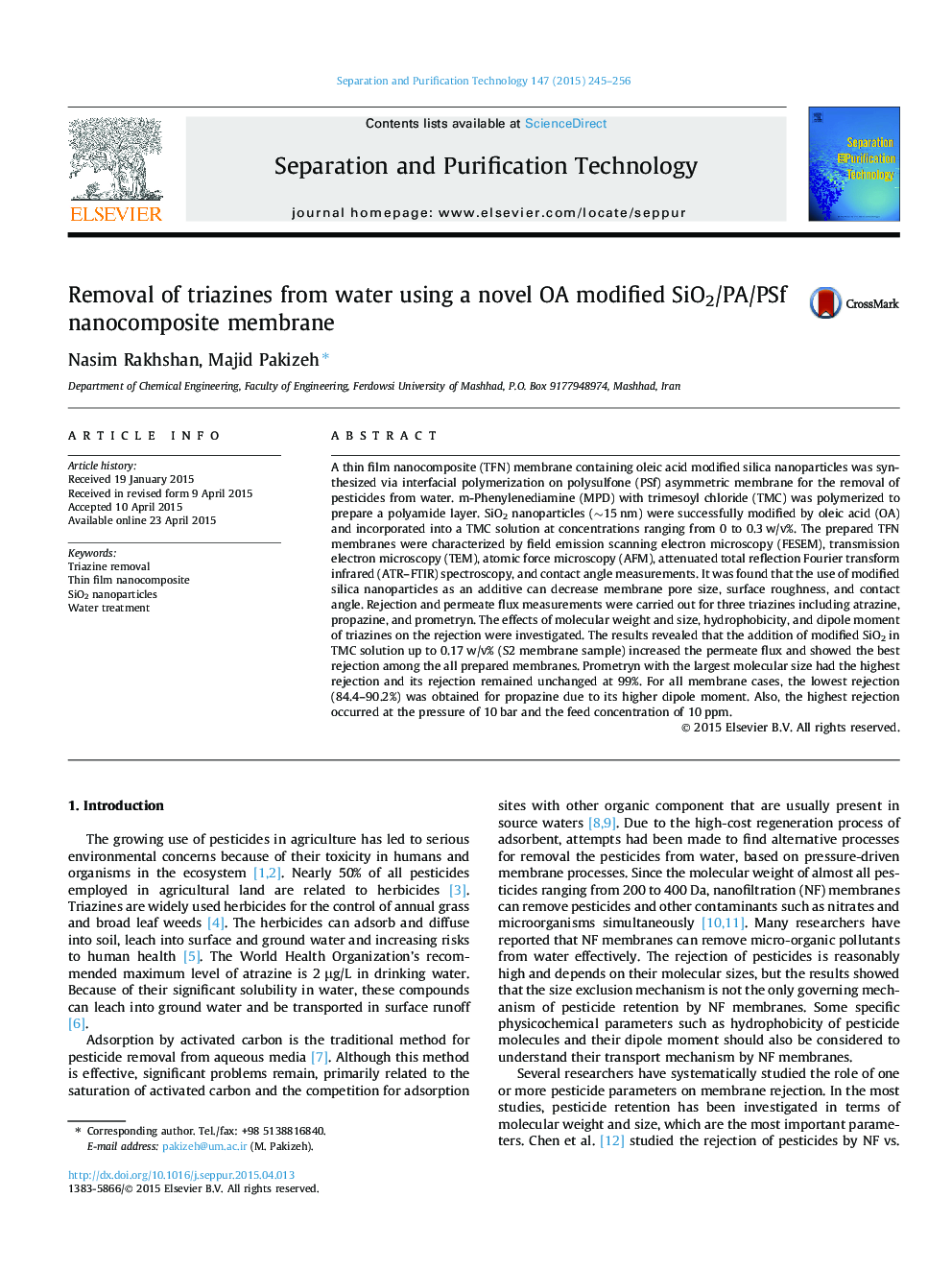 Removal of triazines from water using a novel OA modified SiO2/PA/PSf nanocomposite membrane